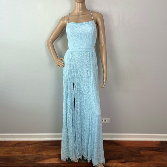 NEW FAME AND PARTNERS BLUE BACKLESS LACE GOWN - Picture 2 of 11